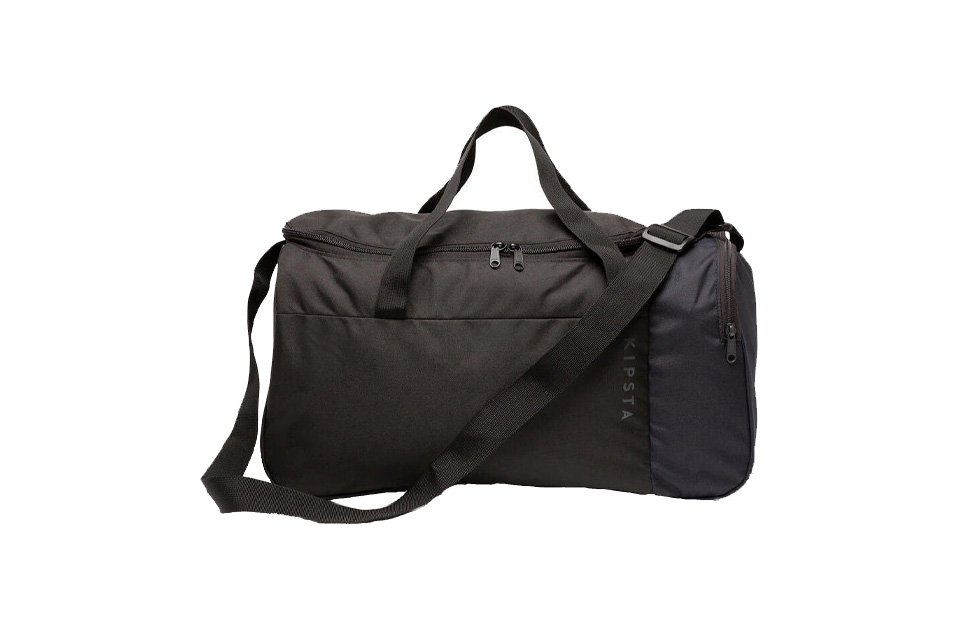A black Decathlon Essential 35L sport bag.